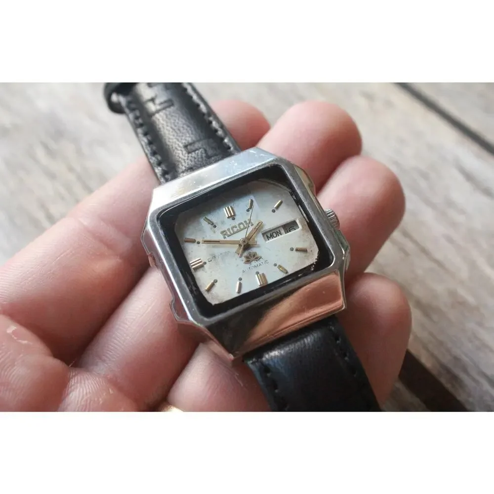 Vintage 1971 Ricoh Square Automatic Mens Silver Watch W/daydate & Gold accents